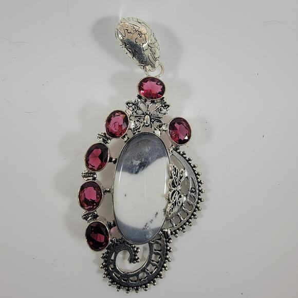Handmade Silver Pendant with Dendritic Opal and Garnet Accents - Picture 2 of 10